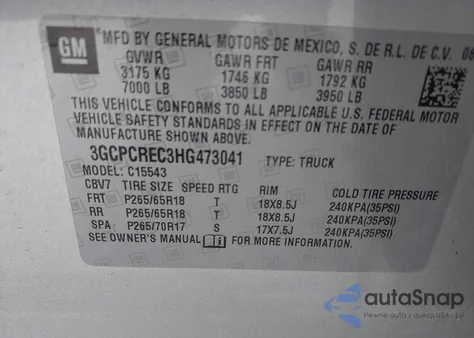 2017 Chevrolet Silverado 1500 1Lt из США, поврежденный, VIN 3GCPCREC3HG473041